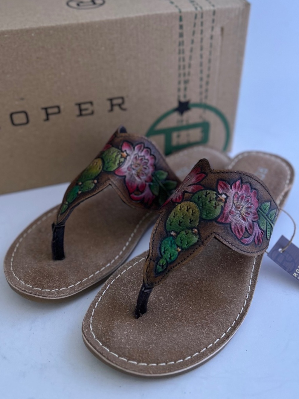 Roper Leather Cactus Floral Sandals Size 7 - NIB